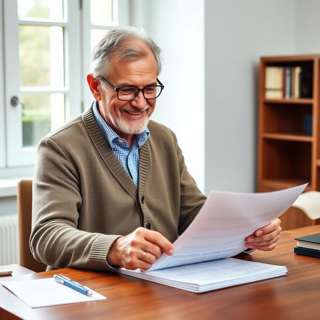 Pensionato italiano che esamina la documentazione
